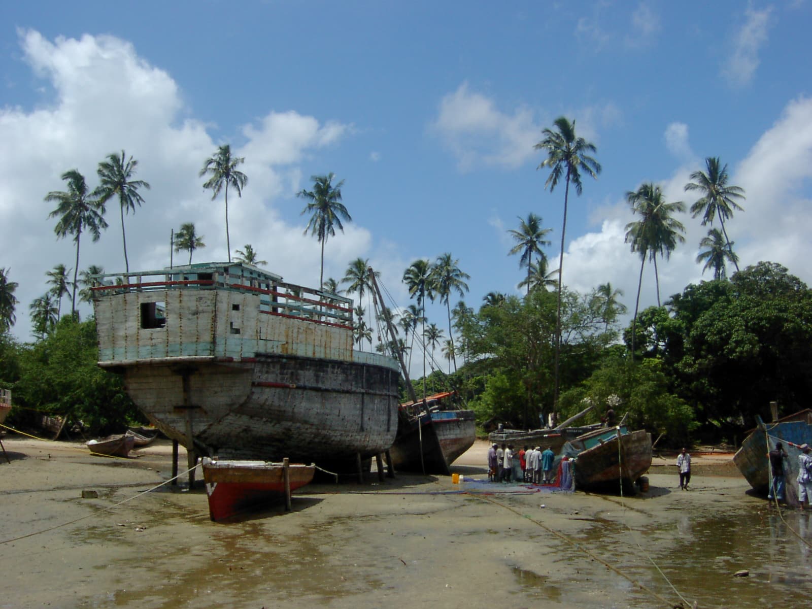 Wooden dhows under construction and repair on a Zanzibar beach
